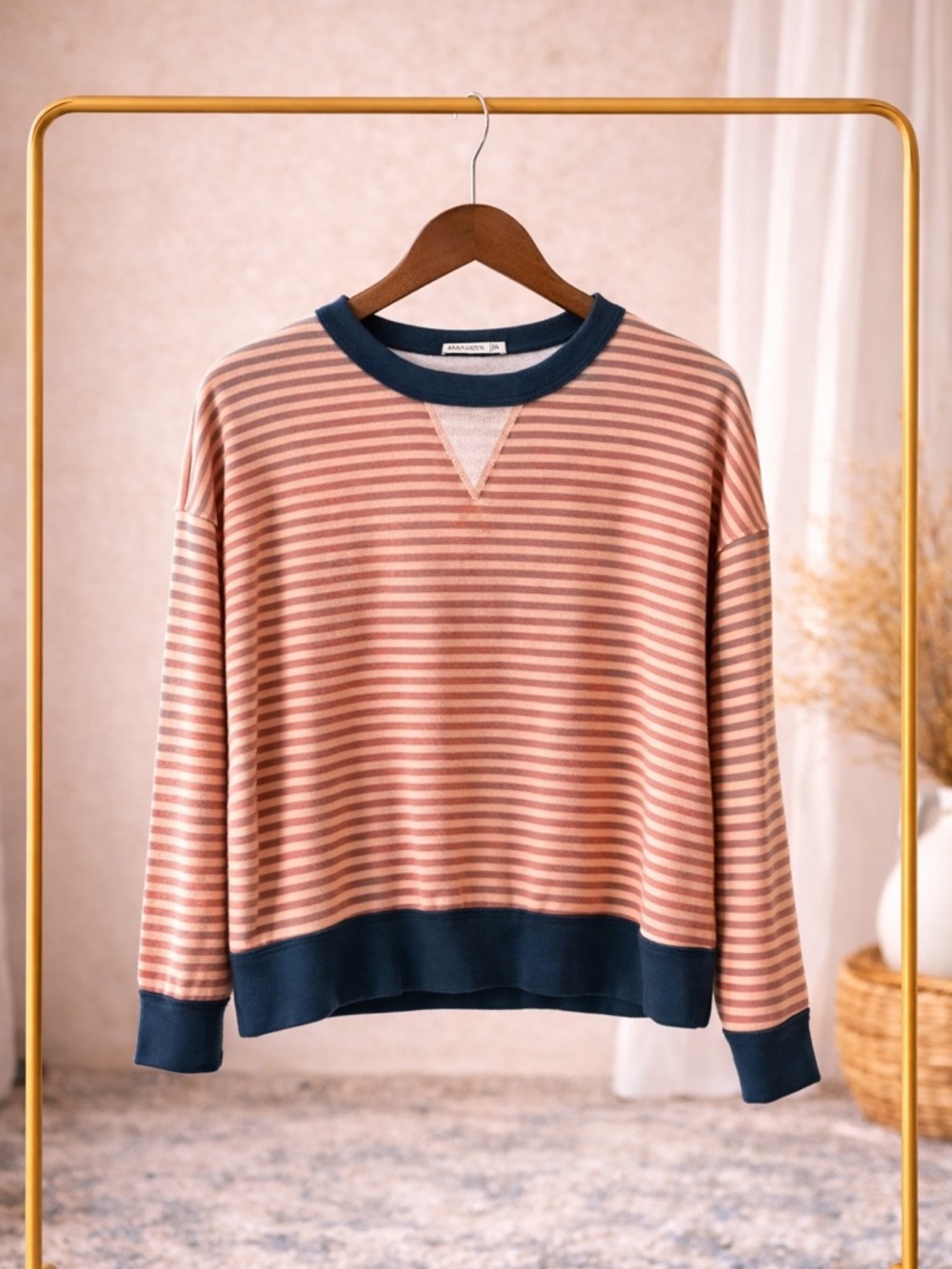Staccato Pink Striped Crewneck Sweater with Navy Trim - Picture 2 of 2
